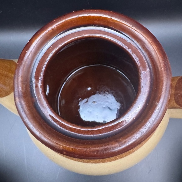Vintage Brown and Tan Teapot And Two Bowls With Handles And Lids Stoneware Set - Picture 8 of 14